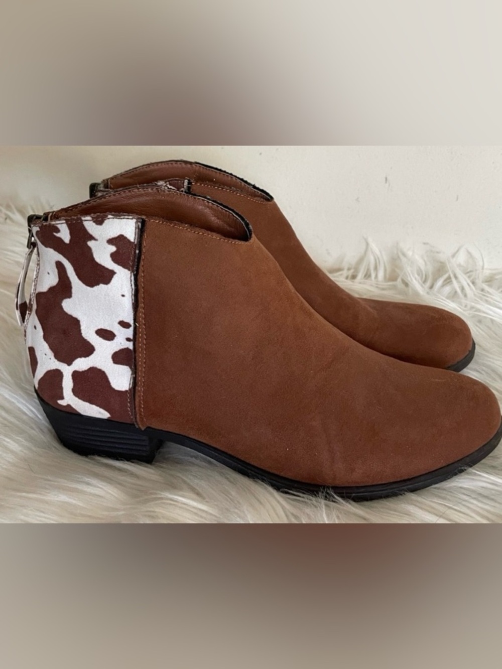 True Craft Brown and White Cow Print Ankle Booties